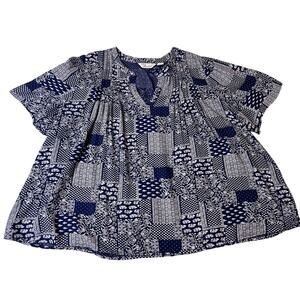 Cafe Marrakesh Blue Western Wear Bandana Print Flutter Sleeve Cottage Top XL